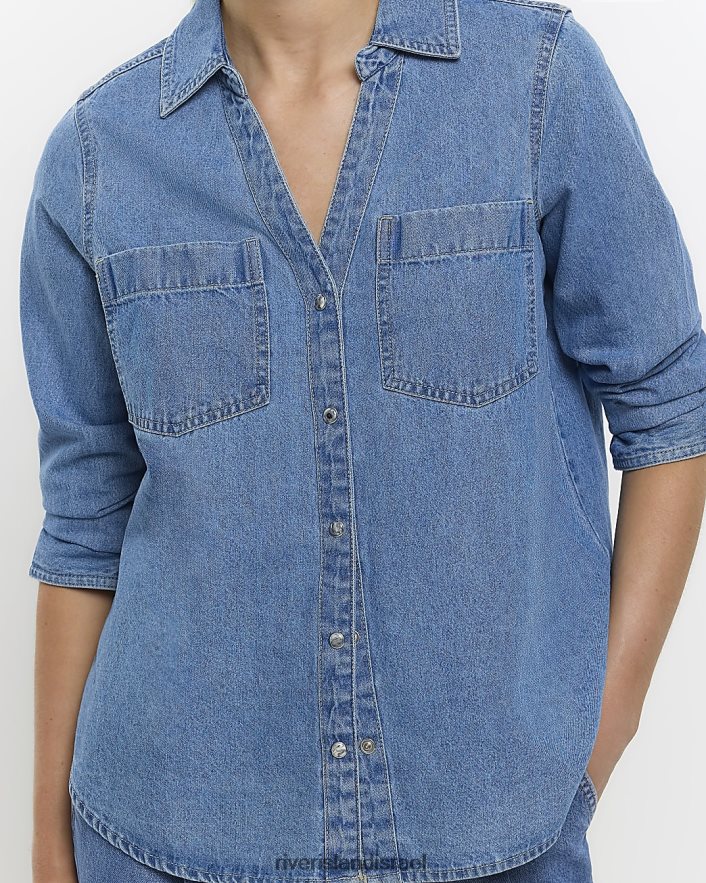 לבוש River Island חולצת ג'ינס קטנה עם שרוולים ארוכים כְּחוֹל נשים BDZ4085278