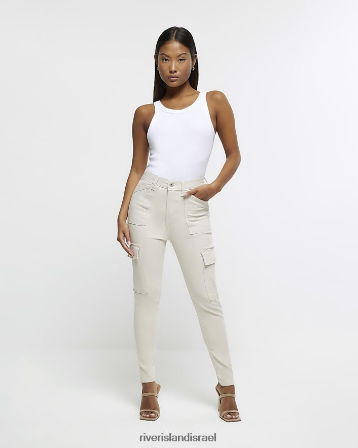 לבוש River Island ג'ינס סקיני קרגו קטן בגזרה גבוהה בז' נשים BDZ4085279