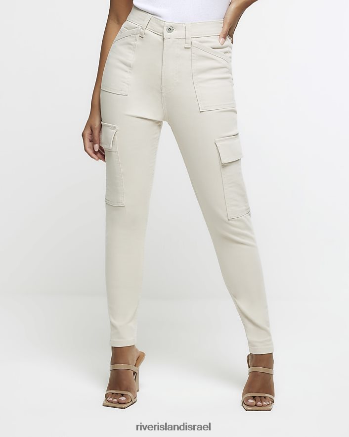 לבוש River Island ג'ינס סקיני קרגו קטן בגזרה גבוהה בז' נשים BDZ4085279