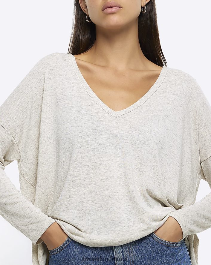 לבוש River Island חלק עליון עם שרוול ארוך בז' נשים BDZ408527