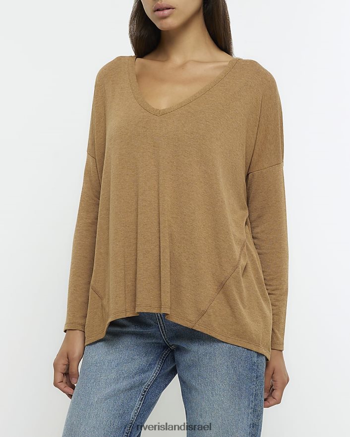 לבוש River Island חלק עליון עם שרוול ארוך חום נשים BDZ408528
