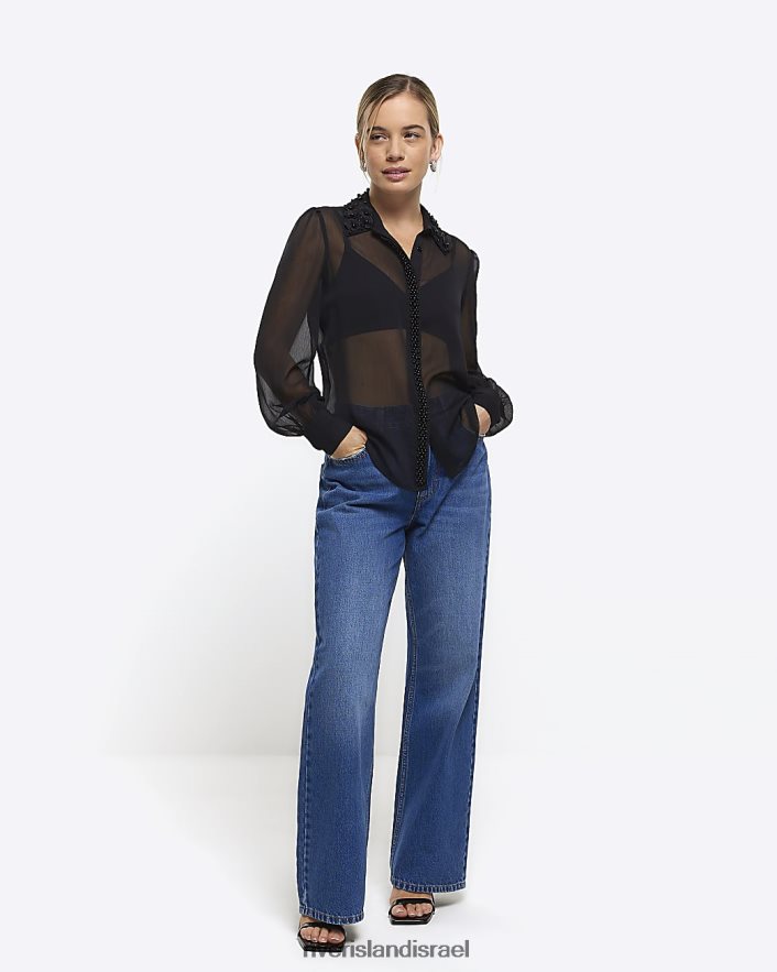 לבוש River Island חולצה מעוטרת שיפון קטנה שָׁחוֹר נשים BDZ4085281
