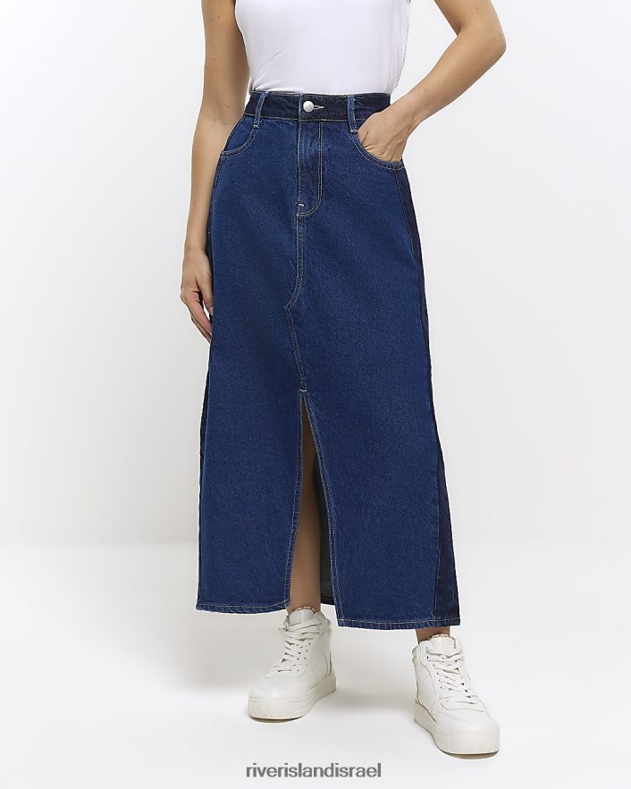 לבוש River Island חצאית מקסי ג'ינס קטנה עם עבודת טלאים כְּחוֹל נשים BDZ4085283