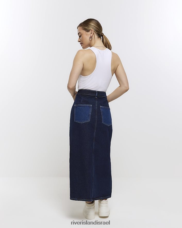 לבוש River Island חצאית מקסי ג'ינס קטנה עם עבודת טלאים כְּחוֹל נשים BDZ4085283