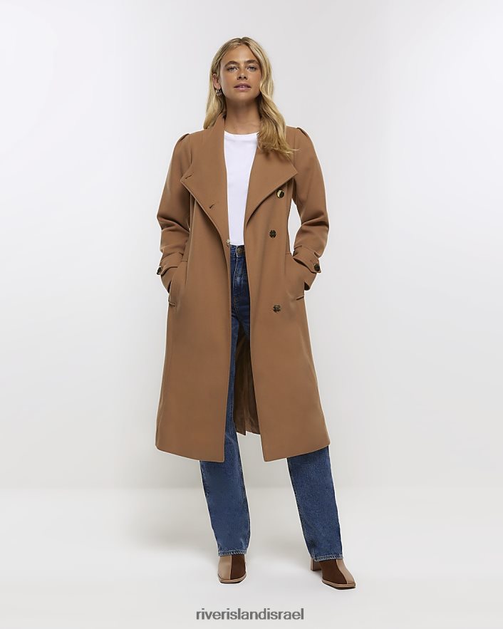 לבוש River Island מעיל מעטפת חגורה חום נשים BDZ40852