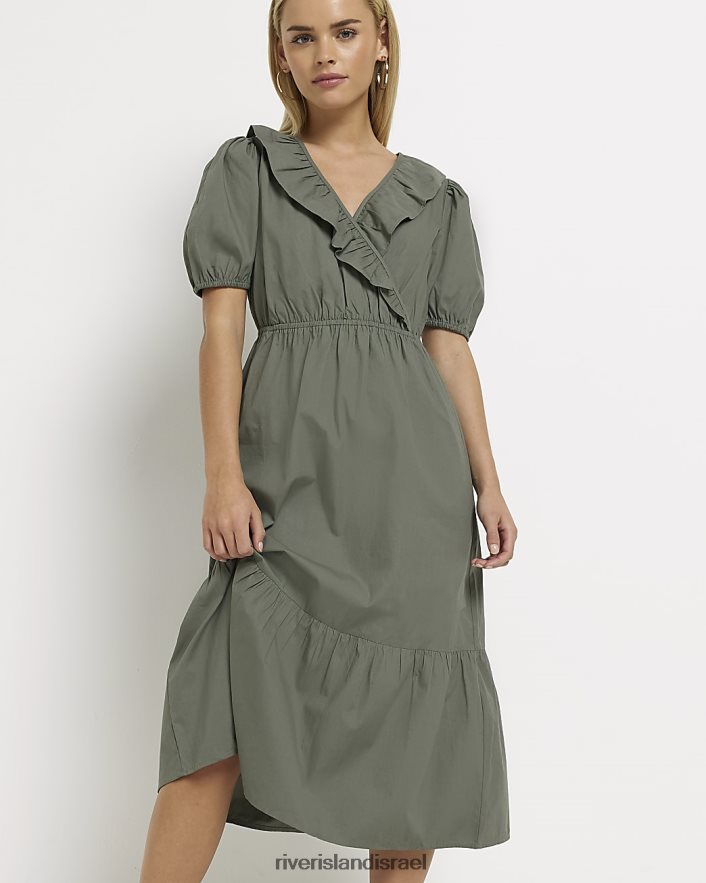 לבוש River Island שמלת מידי מעטפת עם שרוולים נפוחים חָקִי נשים BDZ4085324
