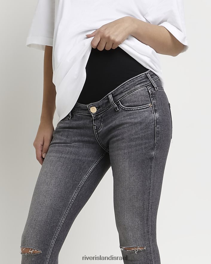 לבוש River Island ג'ינס סקיני הריון קרעים באמצע העלייה אפור נשים BDZ4085366