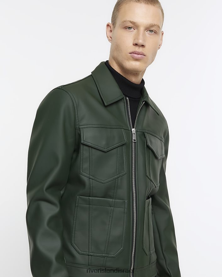 לבוש River Island ז'קט מערבי דמוי עור בכושר רגיל ירוק גברים BDZ4085380