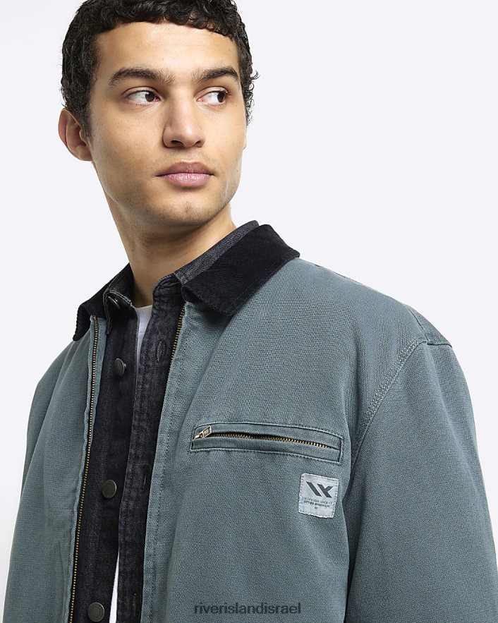 לבוש River Island ז'קט קנבס בכושר רגיל ירוק שטוף גברים BDZ4085385