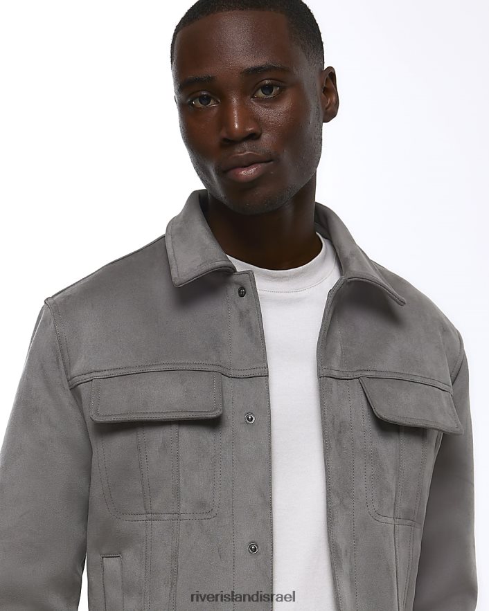 לבוש River Island ז'קט ווסטרן זמש בכושר רגיל אפור גברים BDZ4085394