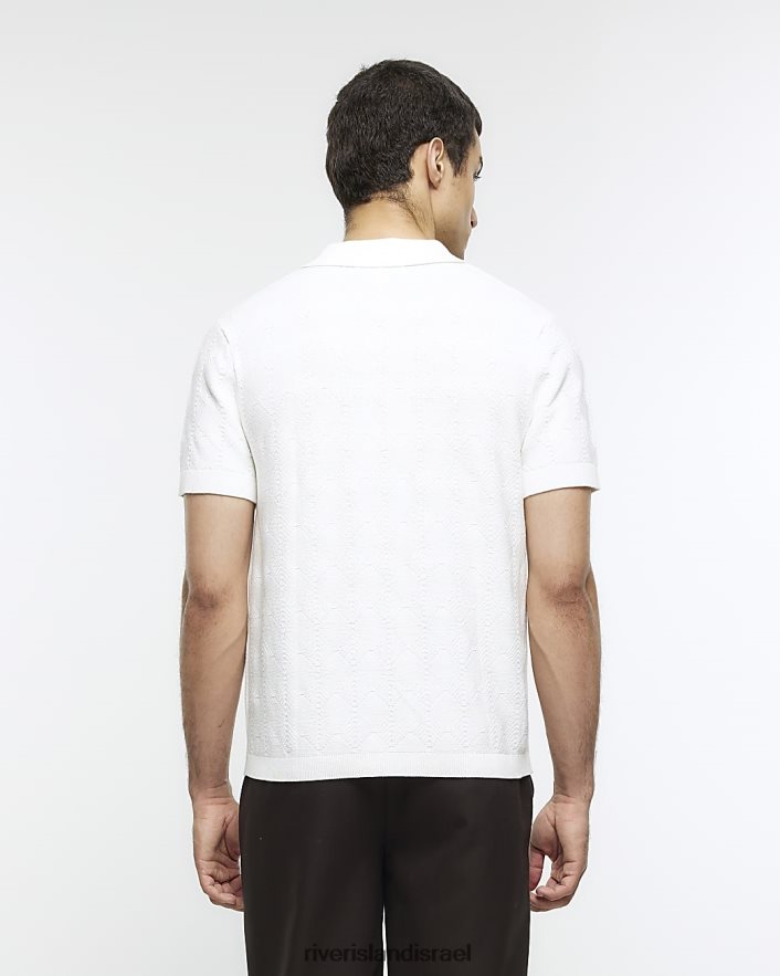 לבוש River Island חולצת פולו בעלת מרקם דק עם צווארון פתוח לבן גברים BDZ4085395