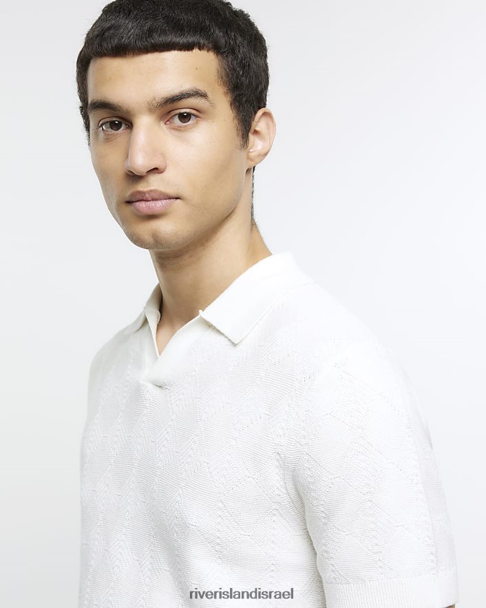 לבוש River Island חולצת פולו בעלת מרקם דק עם צווארון פתוח לבן גברים BDZ4085395