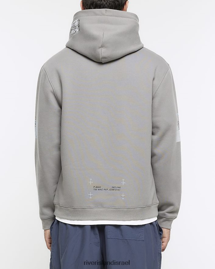 לבוש River Island קפוצ'ון גרפי בכושר רגיל אפור גברים BDZ4085408