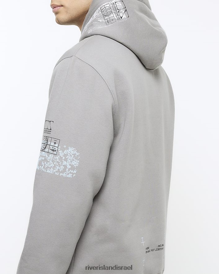 לבוש River Island קפוצ'ון גרפי בכושר רגיל אפור גברים BDZ4085408