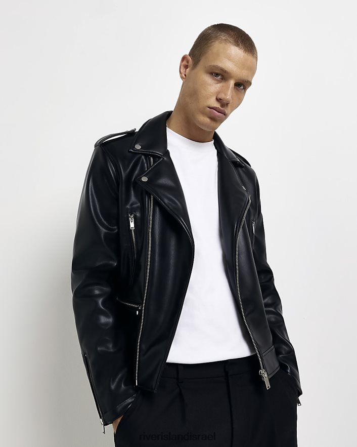 לבוש River Island מעיל רוכסן מעור מלאכותי שָׁחוֹר גברים BDZ4085431