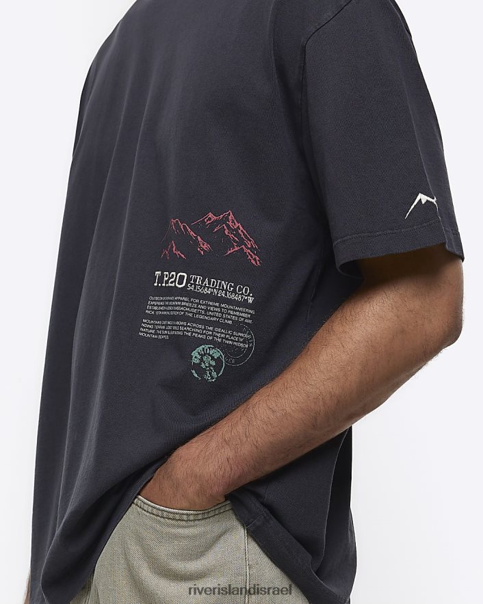 לבוש River Island חולצת טריקו עם הדפס גרפי בכושר אוברסייז אפור גברים BDZ4085435