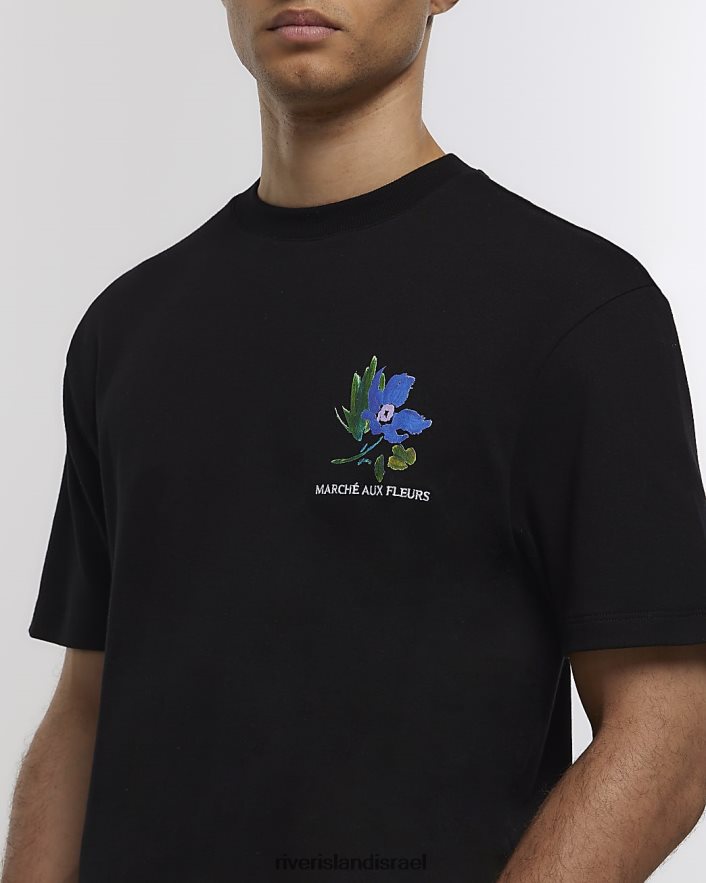 לבוש River Island חולצת טריקו גרפית פרחונית בכושר רגיל שָׁחוֹר גברים BDZ4085436
