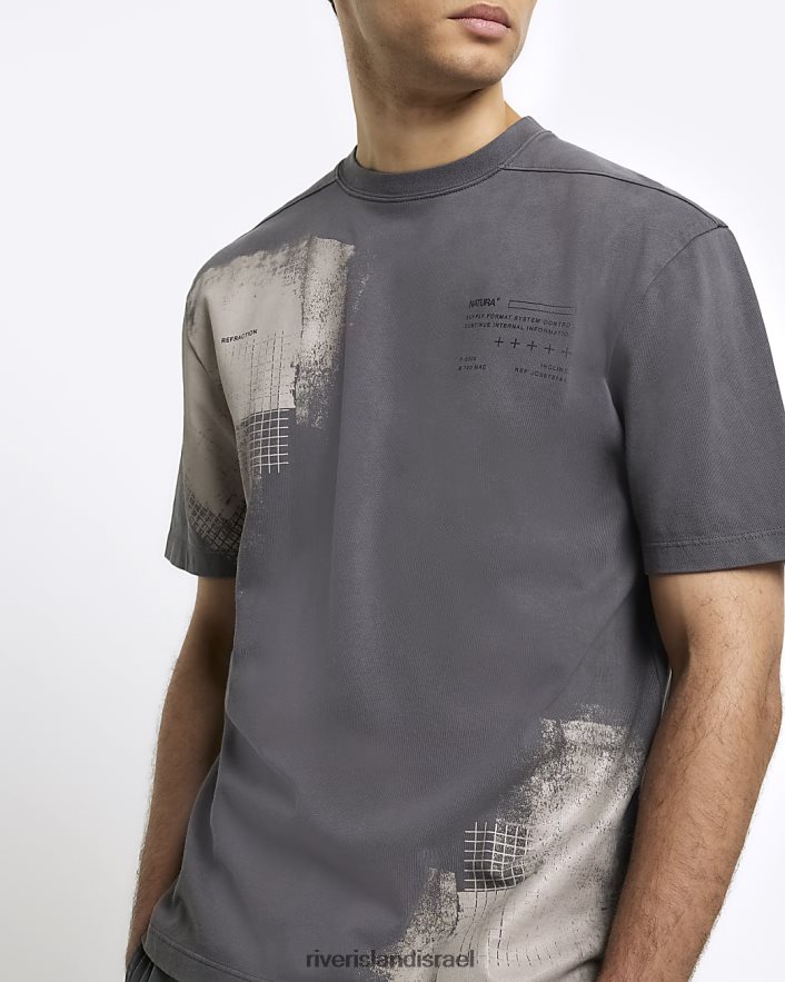 לבוש River Island חולצת טריקו עם מרקם גרפי בכושר רגיל אֶבֶן גברים BDZ4085467