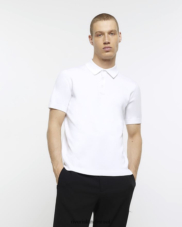 לבוש River Island פולו סרוג עם שרוולים קצרים בגזרה דקיקה לבן גברים BDZ4085482