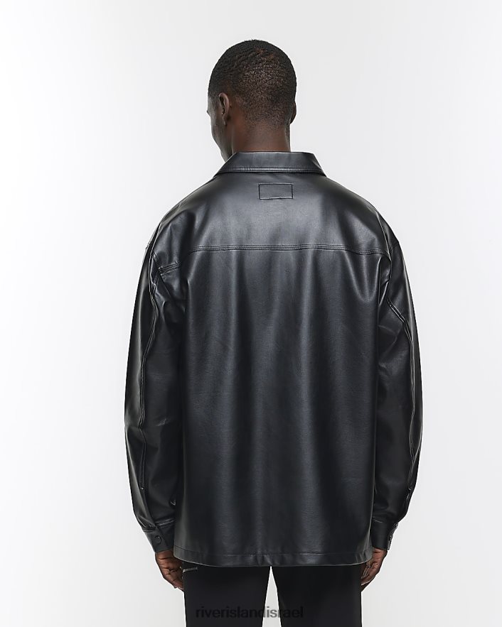 לבוש River Island חולצה דמוי עור בהתאמה רגילה שָׁחוֹר גברים BDZ4085517