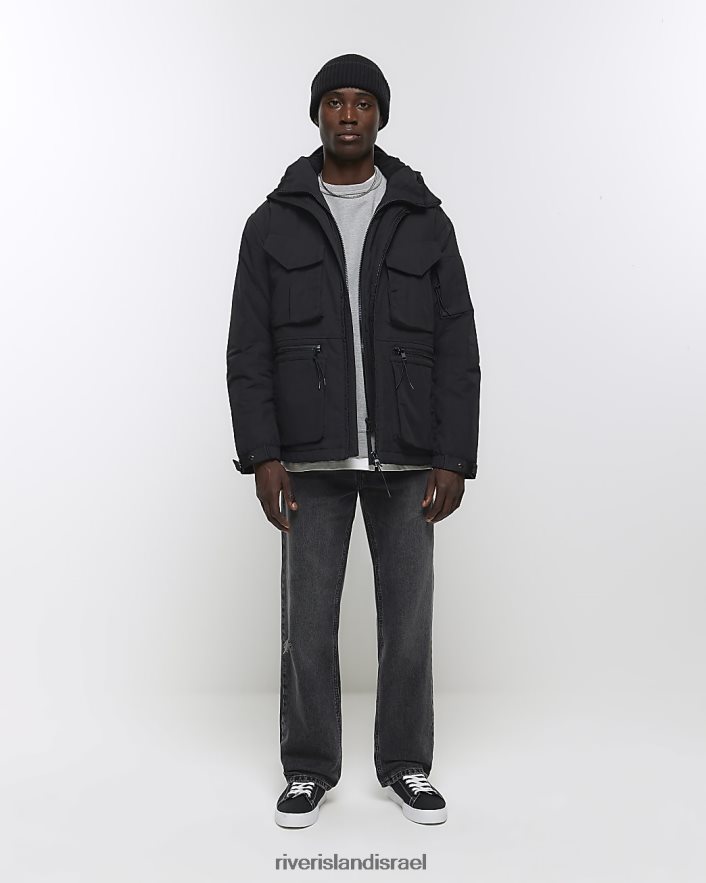 לבוש River Island מעיל פארקה עם קפוצ'ון בכושר רגיל שָׁחוֹר גברים BDZ4085536