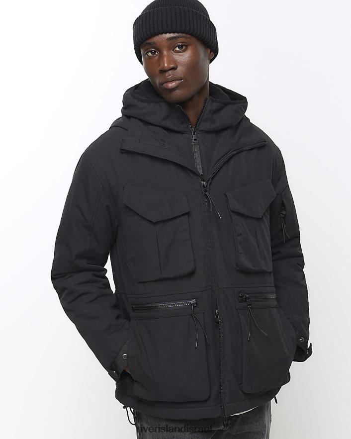 לבוש River Island מעיל פארקה עם קפוצ'ון בכושר רגיל שָׁחוֹר גברים BDZ4085536