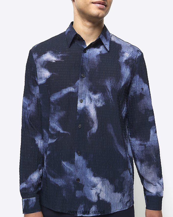 לבוש River Island חולצה אבסטרקטית בגזרה רגילה חיל הים גברים BDZ4085562