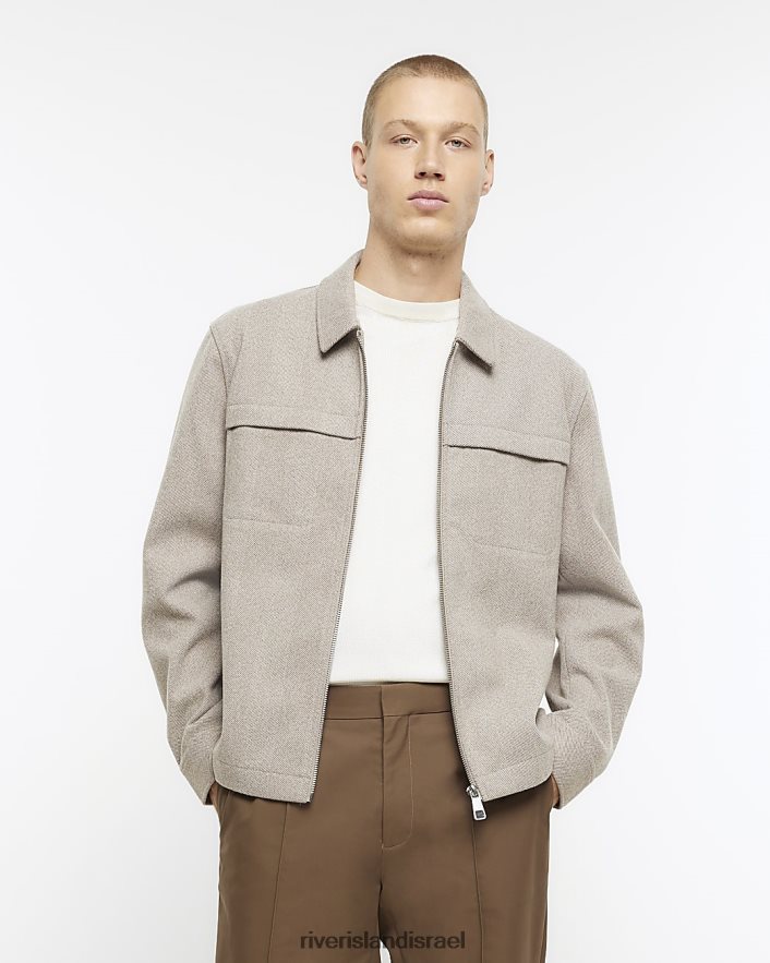 לבוש River Island חולצת רוכסן בשילוב צמר בהתאמה רגילה אֶבֶן גברים BDZ4085599