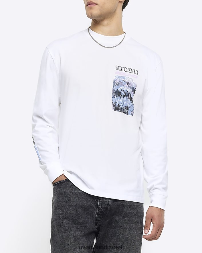 לבוש River Island חולצת טריקו גרפית עם שרוולים ארוכים בכושר רגיל לבן גברים BDZ4085655