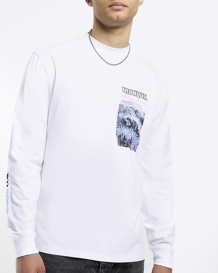 לבוש River Island חולצת טריקו גרפית עם שרוולים ארוכים בכושר רגיל לבן גברים BDZ4085655