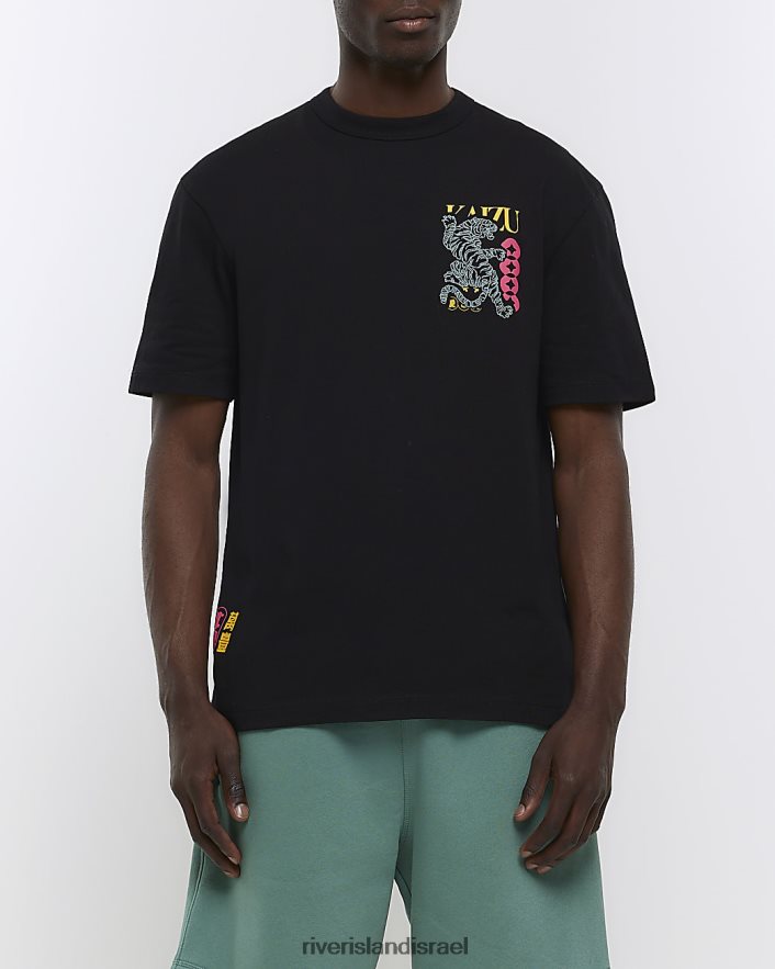 לבוש River Island חולצת טריקו גרפית יפנית בכושר רגיל שָׁחוֹר גברים BDZ4085690