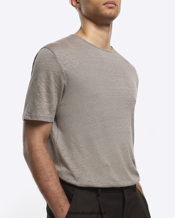 לבוש River Island חולצת טריקו בשילוב פשתן בכושר רגיל אפור גברים BDZ4085708