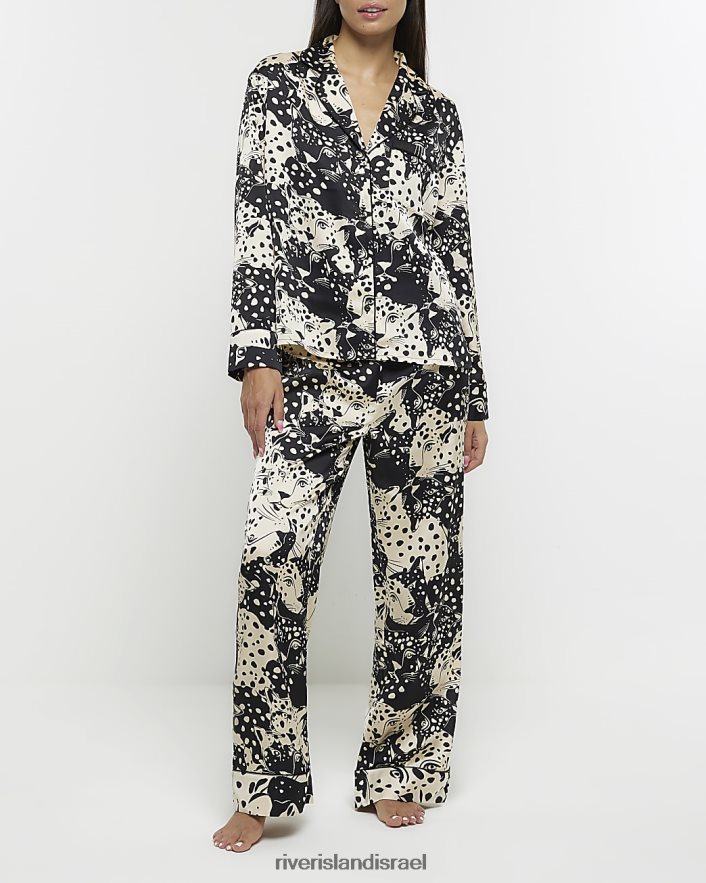 לבוש River Island חולצת פיג'מה סאטן בהדפס בעלי חיים שָׁחוֹר נשים BDZ408570