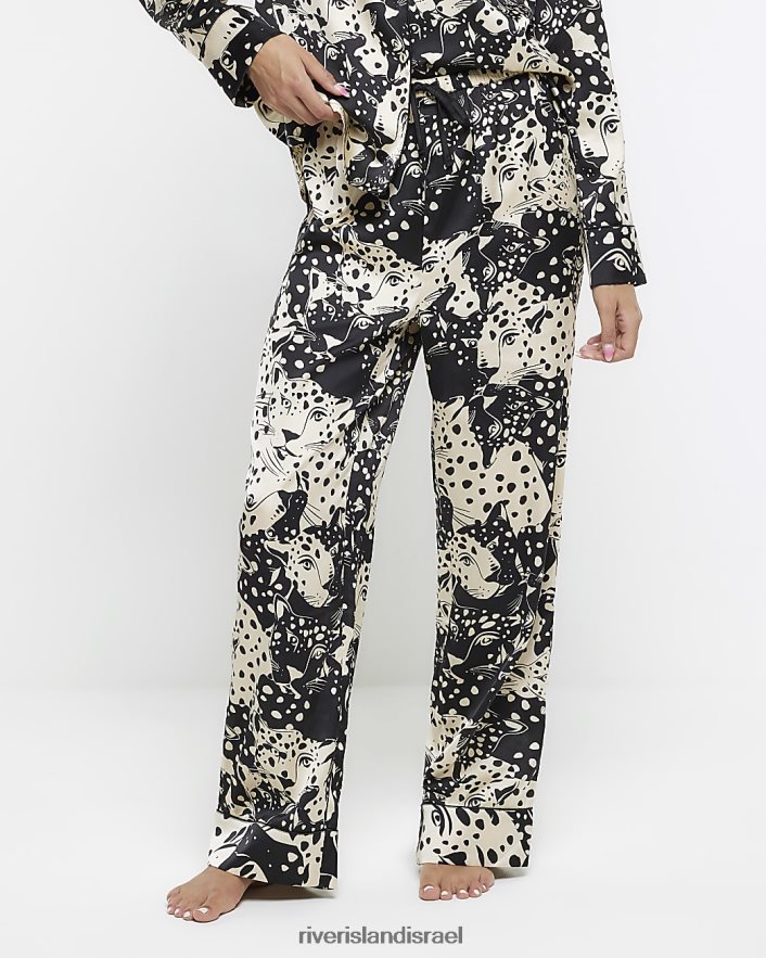 לבוש River Island מכנסי פיג'מה בהדפס חיות סאטן שָׁחוֹר נשים BDZ408572