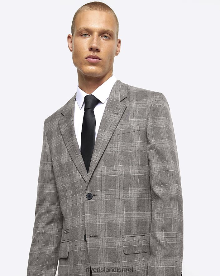 לבוש River Island ז'קט חליפת צ'ק בגזרה דקיקה אפור גברים BDZ4085741