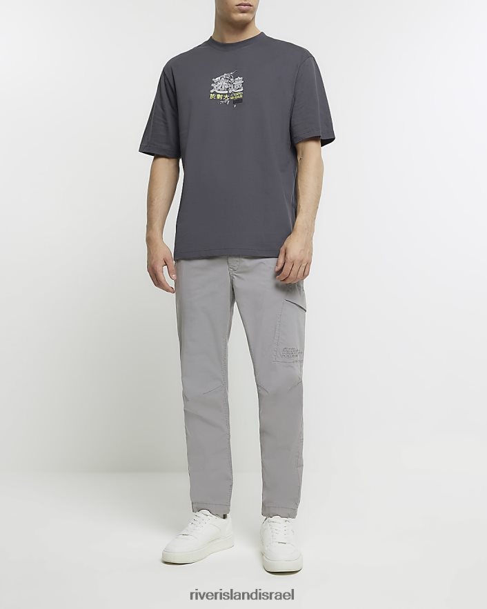 לבוש River Island חולצת טריקו גרפית יפנית בכושר אוברסייז אפור גברים BDZ4085775
