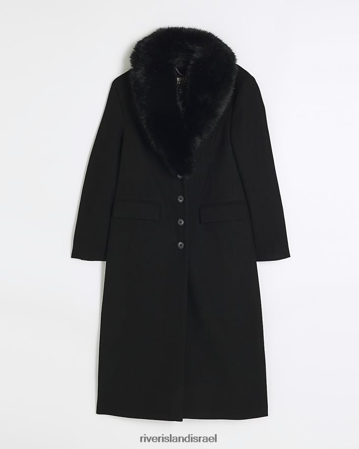 לבוש River Island מעיל ארוך עם צווארון פרווה מלאכותית שָׁחוֹר נשים BDZ40857