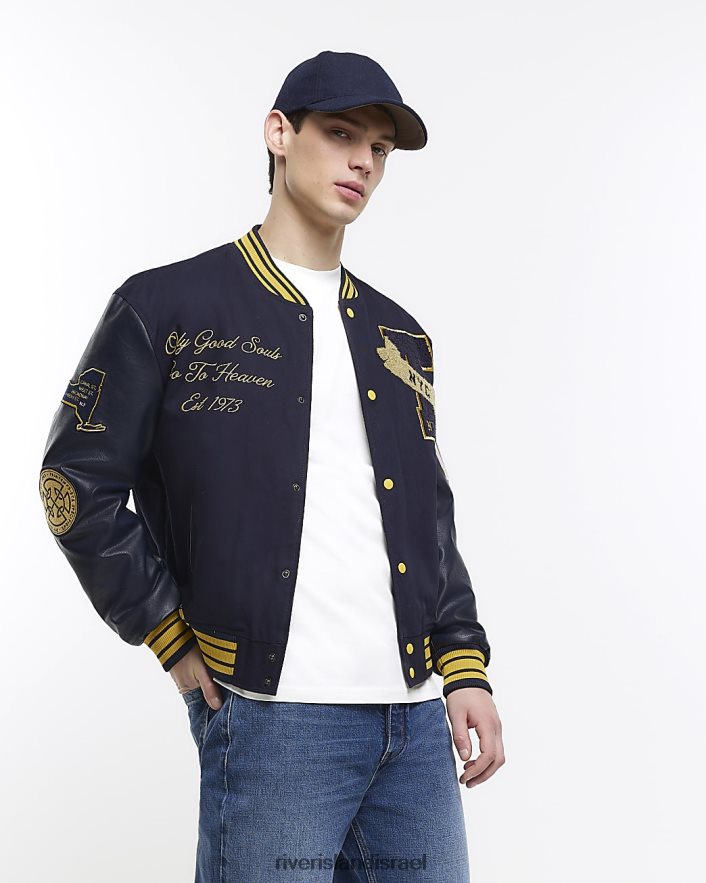 לבוש River Island ז'קט בומבר רקום לאוניברסיטה חיל הים גברים BDZ4085831