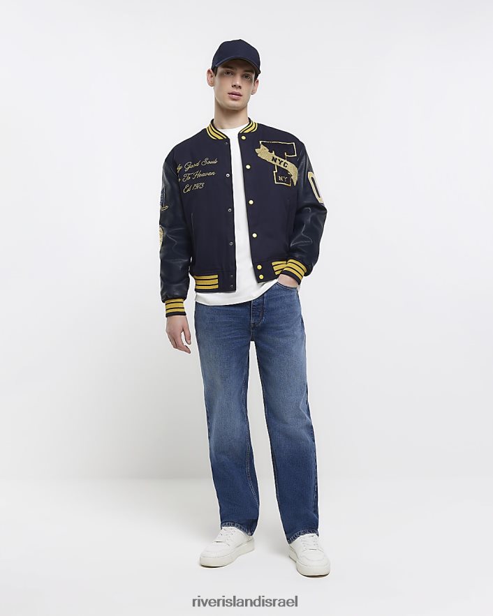 לבוש River Island ז'קט בומבר רקום לאוניברסיטה חיל הים גברים BDZ4085831