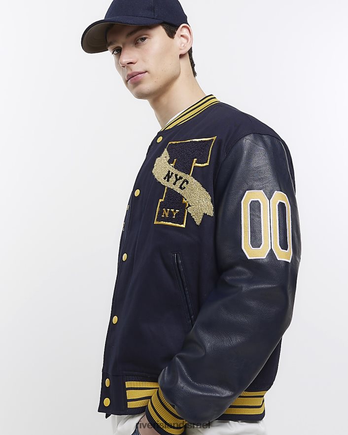 לבוש River Island ז'קט בומבר רקום לאוניברסיטה חיל הים גברים BDZ4085831