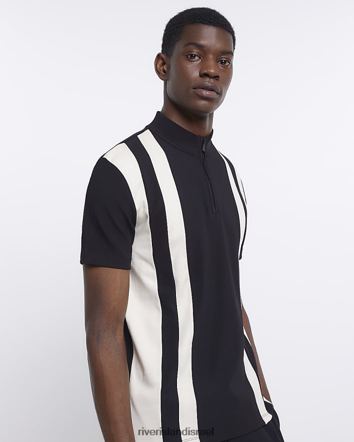 לבוש River Island חולצת פולו משפך עם פסים בגזרה דקיקה שָׁחוֹר גברים BDZ4085839