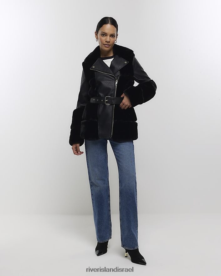 לבוש River Island מעיל אופנוענים חגורות פרווה מלאכותית שָׁחוֹר נשים BDZ408583