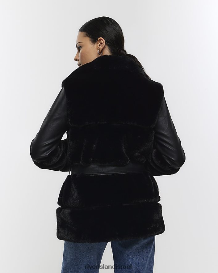 לבוש River Island מעיל אופנוענים חגורות פרווה מלאכותית שָׁחוֹר נשים BDZ408583