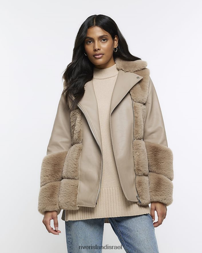 לבוש River Island מעיל אופנוענים חגורות פרווה מלאכותית קרם נשים BDZ408584