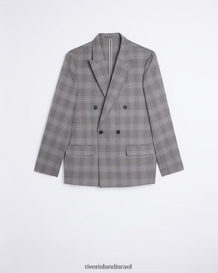 לבוש River Island ז'קט חליפת צ'ק בגזרה דקיקה אפור גברים BDZ4085841
