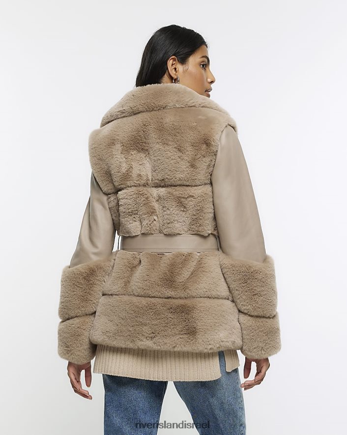 לבוש River Island מעיל אופנוענים חגורות פרווה מלאכותית קרם נשים BDZ408584