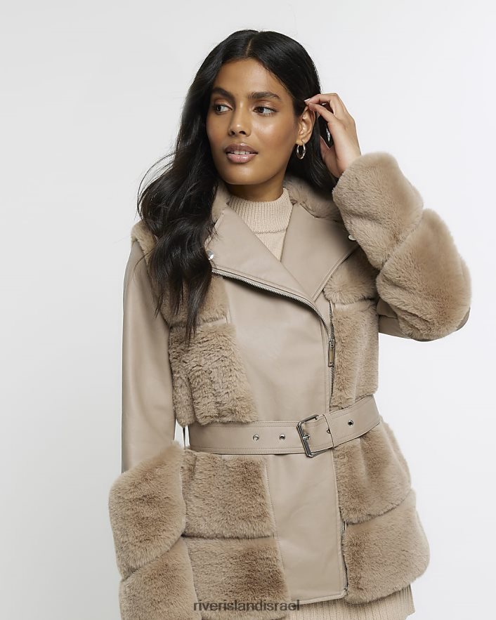 לבוש River Island מעיל אופנוענים חגורות פרווה מלאכותית קרם נשים BDZ408584