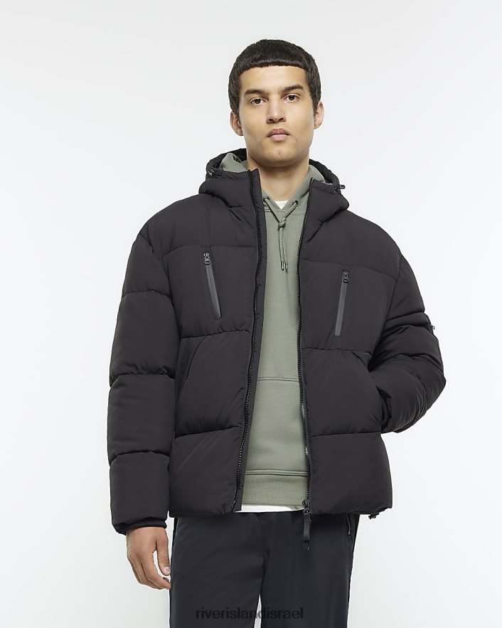 לבוש River Island ז'קט נפוח עם קפוצ'ון שָׁחוֹר גברים BDZ4085855