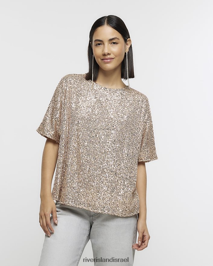 לבוש River Island חולצת טי נצנצים זהב נשים BDZ408588