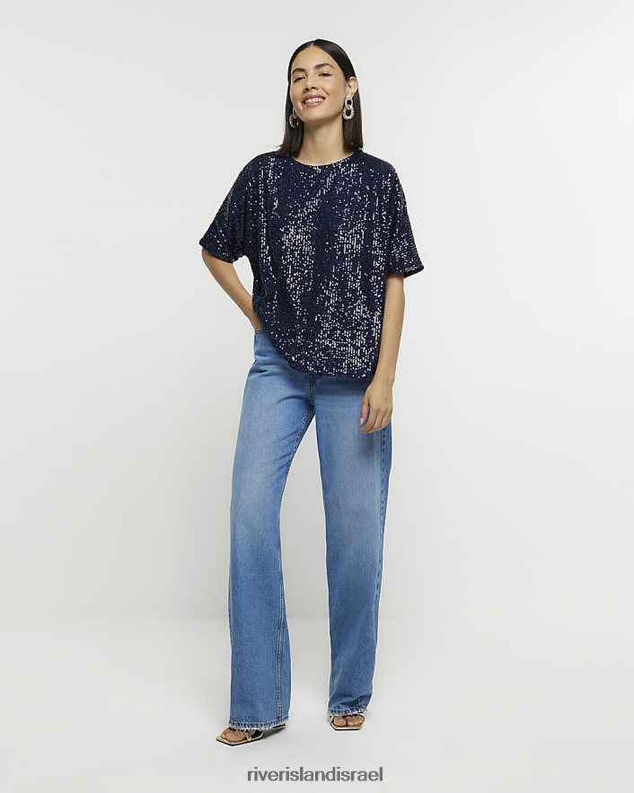 לבוש River Island חולצת טי נצנצים חיל הים נשים BDZ408589